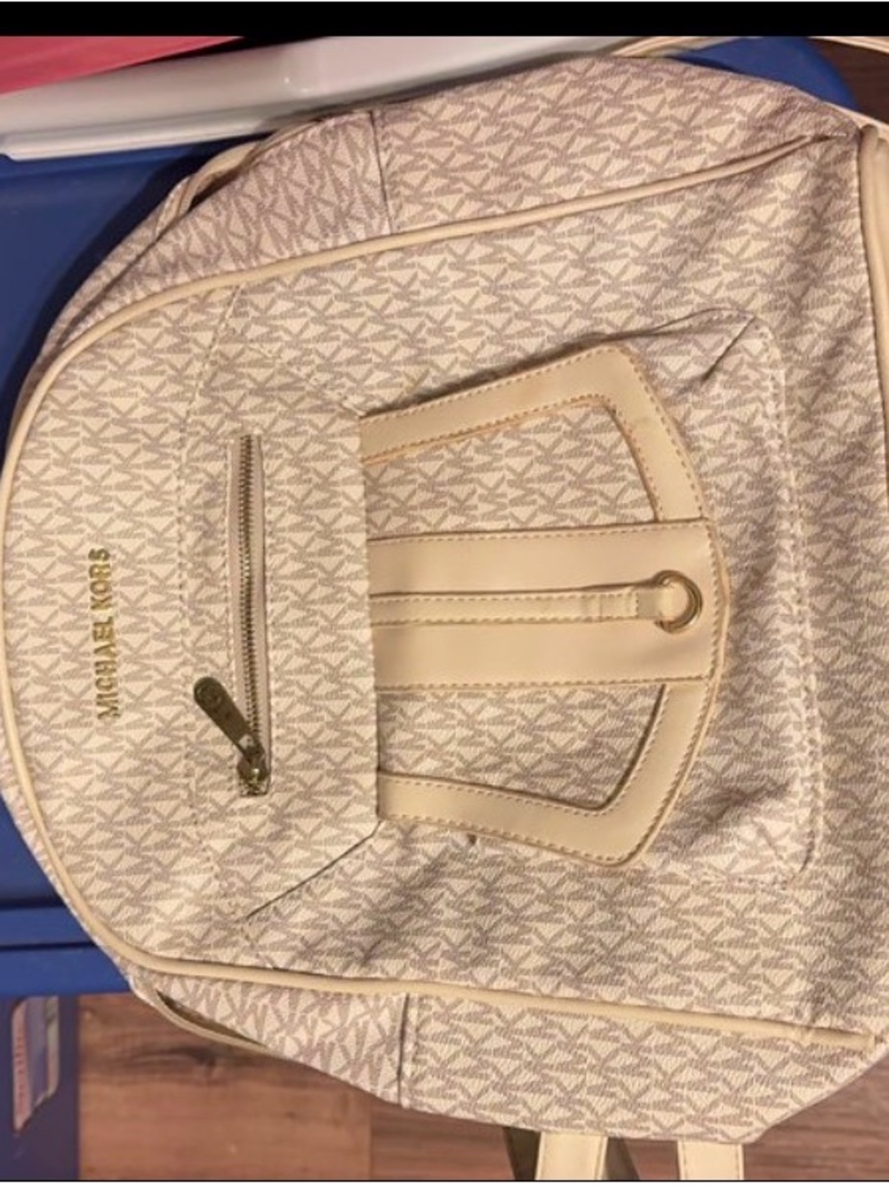 Michael Kors Cream Logo-Print Backpack with Leather Trim